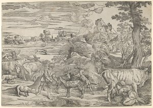 Pejzaż z dojarką po prawej i chłopcem po lewej, ca. 1535-40., ca. 1535-40.