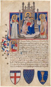 Madonna z Dzieciątkiem na tronie między świętymi Petroniuszem i Alle (Eligiusem); Chrystus w inicjale A autorstwa Nicolò da Bologna