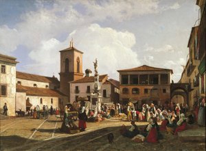 Benevento (Kampania), Plac Orsini z dzwonnicą katedry i fontanną poświęconą papieżowi Orsini (olej na płótnie) autorstwa Nicola Palizzi