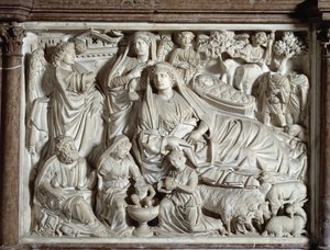 Krzesło Zwiastowania i Narodzenia zrealizowane przez Nicola Pisano (1215 / 20-1278 / 84) (marmurowa ambona) 1260 Baptistere Saint John of Pisa (Battistero San Giovanni di Pisa), Włochy
