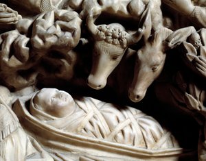 Sztuka i architektura gotycka: szopka - Detal płaskorzeźb marmurowego biurka, które Nicola Pisano (1215/20-1278/84) wykonał w latach 1266-1268 (detale marmurowej ambony, szopka) Cathedrale Notre-Dame-de-l „Wniebowzięcie (Santa Maria di Assunta) lub Dom autorstwa Nicola Pisano