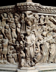 Sztuka gotycka: Jezus miażdży występki, fragment płaskorzeźby Ambony autorstwa Nicola Pisano