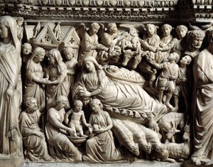 Sztuka i architektura gotycka: Nawiedzenie i szopka - Szczegół płaskorzeźb marmurowego biurka, które Nicola Pisano (1215/20-1278/84) wykonał w latach 1266-1268 (detale marmurowej ambony, nawiedzenie i szopka) Cathedrale Notre-Dame- de-l