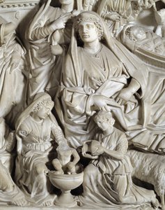 La nativite (szopka) Detal Krzesło zrealizowane przez Nicola Pisano (1215 / 20-1278 / 84) (marmurowa ambona) 1260 Baptistere Saint John z Pisa (Battistero san Giovanni di Pisa), Włochy autorstwa Nicola Pisano