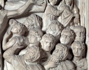 Krzesło z detalami ukrzyżowania zrealizowane przez Nicola Pisano (1215 / 20-1278 / 84) (marmurowa ambona) 1260 Baptistere Saint John z Pisa (Battistero san Giovanni di Pisa), Włochy autorstwa Nicola Pisano