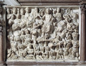 Sąd Ostateczny (Sąd Ostateczny) Krzesło wykonane przez Nicola Pisano (1215/20-1278/84) (marmurowa ambona) 1260 Baptistere Saint John of Pisa (Battistero san Giovanni di Pisa), Włochy