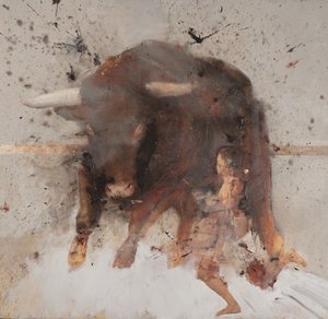 Byk z torreadorem, 2019 (olej i spalanie na drewnie) autorstwa Nicola Pucci