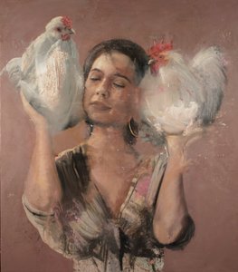 Dziewczyna z kogutami, 2018 (olej na płótnie)