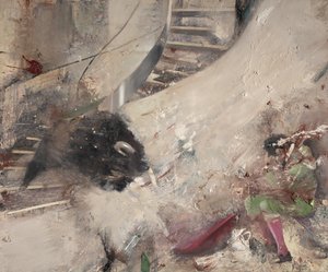 Byk na schodach z torreadorem, 2021 (olej na płótnie) autorstwa Nicola Pucci