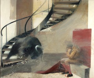 Byk na schodach z torreadorem I, 2013 (olej na płótnie) autorstwa Nicola Pucci