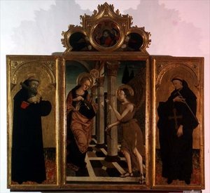Tryptyk: płycina środkowa przedstawiająca Zwiastowanie z Bogiem powyżej i płyciny boczne z postaciami dwóch świętych (tempera na płycie) autorstwa Nicola de Maestro Antonio