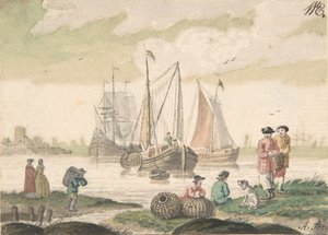 Pejzaż morski z siedmioma postaciami i psem, 1733-93. autorstwa Nicolaas Aartman