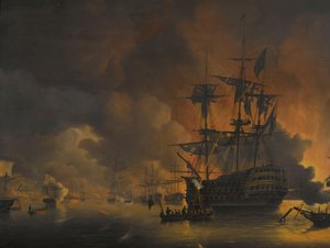 Pożar na nabrzeżach Algieru, wkrótce po rozpoczęciu bombardowania przez flotę angielsko-holenderską, 27 sierpnia 1816 Cztery epizody podczas obecności floty angielsko-holenderskiej w Zatoce Algierskiej, 26-27 sierpnia 1816 (tytuł serii)