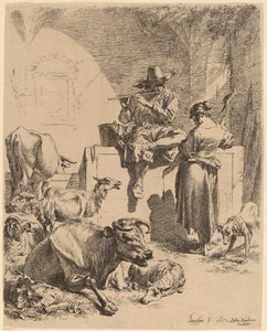 Pasterz siedzący na fontannie i prządce, 1652.