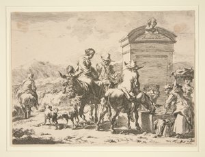 Bez tytułu - Scena rodzajowa z ludźmi na osłach i nagrobkiem autorstwa Nicolaes Berchem