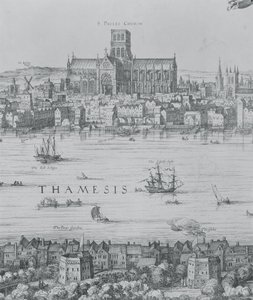 Panorama Londynu i Tamizy, fragment drugiej części przedstawiający katedrę św. Pawła i teatr Globe, ok. 1600 detal grawerowania 7214