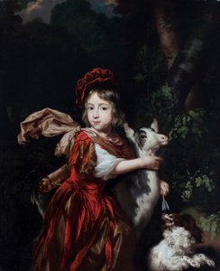 Niderlandzki: Portret chłopca z kozą i psem w pejzażu Portret młodego chłopca w stroju myśliwego z kozą i psem autorstwa Nicolaes Maes