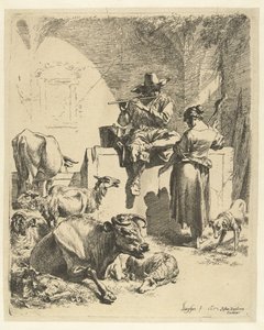 Pasterz grający na flecie i prządka autorstwa Nicolaes Pietersz Berchem