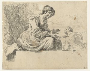 Młoda kobieta siedzi na kamieniu Owce (tytuł serii) Animalia ad vivum delineata et aqua forti aeri impressa Studio et Arte Nicolai Berchemi (tytuł serii) autorstwa Nicolaes Pietersz Berchem