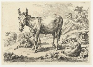 Krajobraz z osłem, owcami, kozami i pasterzami Zwierzęta (tytuł serii) autorstwa Nicolaes Pietersz Berchem