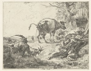 Śpiąca rodzina pasterska i odpoczywające zwierzęta gospodarskie autorstwa Nicolaes Pietersz Berchem