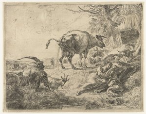 Śpiąca rodzina pasterska i odpoczywające zwierzęta gospodarskie autorstwa Nicolaes Pietersz Berchem