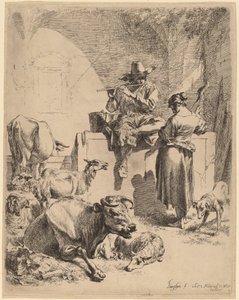 Pasterz siedzący na fontannie i prządka autorstwa Nicolaes Pietersz Berchem