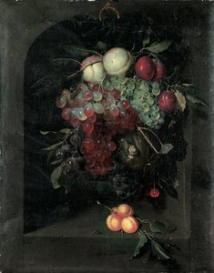 Winogrona, brzoskwinie, śliwki i wiśnie ze ślimakiem w kamiennej niszy z kiścią moreli i pszczołą na półce, 1666 autorstwa Nicolaes Van Gelder