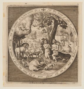 Adam i Ewa w raju, od stworzenia do wygnania z raju autorstwa Nicolaes de Bruyn