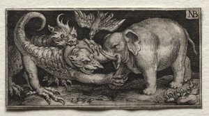 Słoń walczący z dwiema bestiami autorstwa Nicolaes de Bruyn