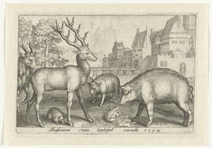 Jeleń, jeż, owca, żaba i świnia Animalivm qvadrvpedvm (tytuł serii) Zwierzęta w krajobrazach (tytuł serii) autorstwa Nicolaes de Bruyn