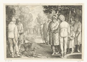 Józef zostaje sprzedany przez braci kupcom przy studni Historia Józefa (tytuł serii) autorstwa Nicolaes de Bruyn