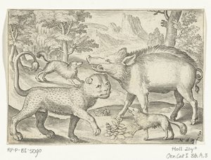 Lampart, dzik i psy Animalivm qvadrvpedvm (tytuł serii) Zwierzęta w krajobrazach (tytuł serii) autorstwa Nicolaes de Bruyn