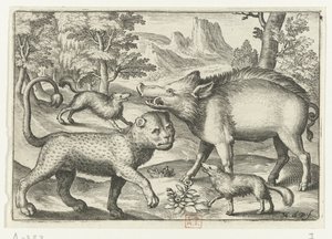 Lampart, dzik i dwa psy Animalivm qvadrvpedvm (tytuł serii) Zwierzęta w krajobrazach (tytuł serii) autorstwa Nicolaes de Bruyn