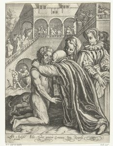 Powrót syna marnotrawnego Filio habet conuiuia laeta Reuerso (tytuł na obiekcie) Opowieść o synu marnotrawnym (tytuł serii) autorstwa Nicolaes de Bruyn