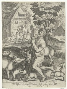 Syn marnotrawny jako świniopas Pasceret vt siliquis venttrem wypełnia pascere porcos (tytuł na obiekcie) Opowieść o synu marnotrawnym (tytuł serii) autorstwa Nicolaes de Bruyn
