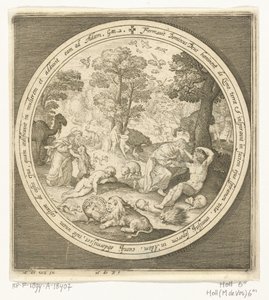 Szósty dzień stworzenia: Bóg stwarza zwierzęta oraz Adama i Ewę Od stworzenia do wygnania z raju (tytuł serii) autorstwa Nicolaes de Bruyn