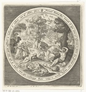 Szósty dzień stworzenia: Bóg stwarza zwierzęta oraz Adama i Ewę Od stworzenia do wygnania z raju (tytuł serii) autorstwa Nicolaes de Bruyn