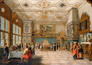 Łazarz przy drzwiach sali bankietowej z eleganckimi postaciami Jadalnia, 1622 autorstwa Nicolaes de Gyselaer