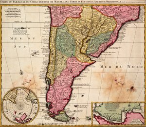 Mapa Paragwaju, Chile, Cieśniny Magellana i Ziemi Ognistej w Ameryce Południowej, ok. 1720 r. (kolorowa rycina) autorstwa Nicolaes the Younger Visscher
