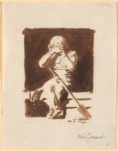 Mały płacz chłopca, siedzący z łopatą lub wiosłem na brzegu łodzi (?) autorstwa Nicolai Abildgaard