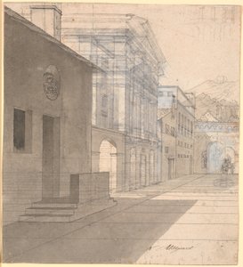 Studium perspektywiczne architektury na obrazie położnej opuszczającej dom Androspigen autorstwa Nicolai Abildgaard