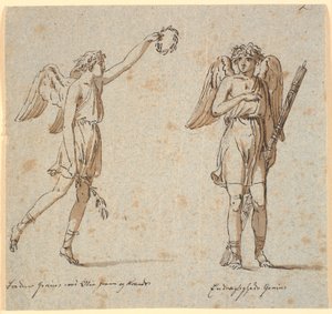 Dwóch geniuszy, jeden z gałązką oliwną, drugi z fasces autorstwa Nicolai Abildgaard