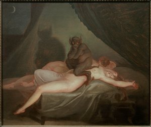 Koszmar. Diabeł siedzący na ciele nagiej kobiety śpiącej w środku nocy. Obraz Nicolasa Abrahama Abildgaarda (1743-1809) EC.Dan.