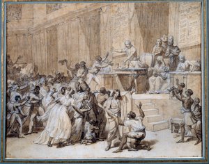 Rewolucja Francuska: Konwencja Narodowa dekretuje zniesienie niewolnictwa w koloniach w dniu 4 lutego 1794 (16 Pluviose An II) w Paryżu. Rysunek tuszem: Nicolas Andre Monsiau (1754-1837) Nd. 0,26x0,33 m Paryż, Muzeum Carnavalet