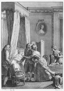 Wizyta lekarza z Bozon, ilustracja z „La Nouvelle Heloise” Jeana-Jacquesa Rousseau (1712-78) sztychowana przez Noela Le Mire (1724-1800)