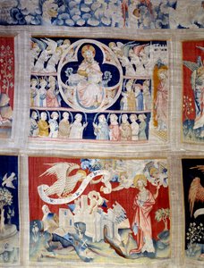 Kurtyna Apokalipsy (1373-1383), n. 13: Bóg i Baranek, symbol Chrystusa. Poniżej, n. 20, trzej aniołowie uwalniają moce. Gobelin Nicolasa Bataille