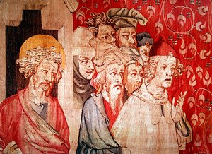 Zdjęcie mężczyzn słuchających anioła przepowiadającego im tortury, z "Apokalipsy Angersa", 1373-87 autorstwa Nicolas Bataille