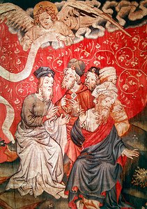 Szczegół anioła przynoszącego ludziom Ewangelię, nr. 49 z Apokalipsy gniewu, 1373-87 autorstwa Nicolas Bataille