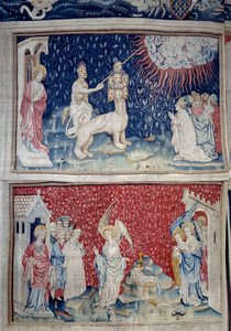 Powieszenie Objawienia (1373-1383), nr. 44: Bete ziemi powoduje, że ogień spada z nieba. Poniżej rz. 51, trzeci anioł i baranek. Gobelin autorstwa Nicolasa Bataille